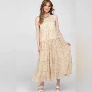 Entro Women Yellow Printed Sleeveless Halter Tie Neck Tiered Maxi Dress Size S